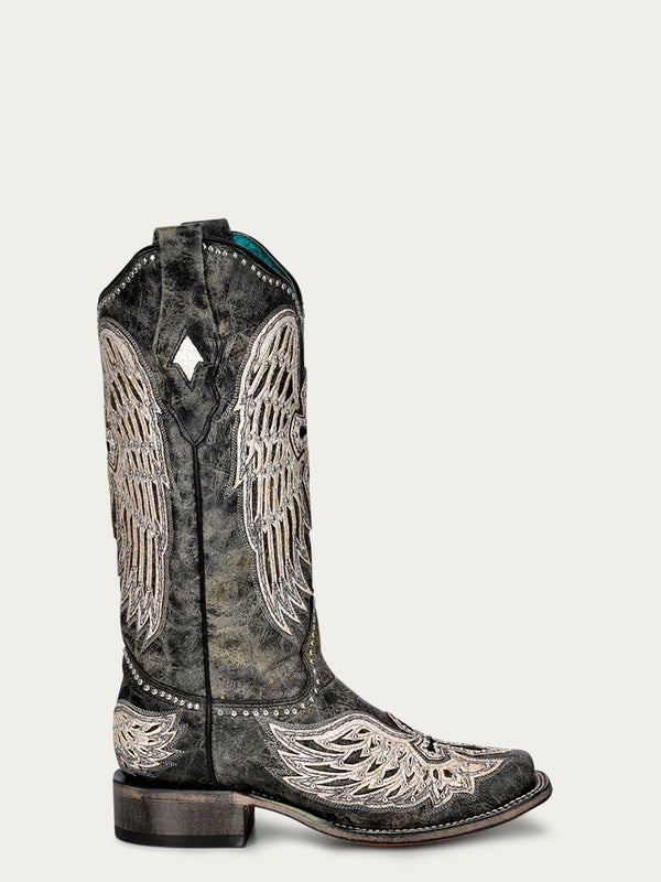 Corral Boots A4243 - WOMEN'S WHITE CROSS AND WINGS OVERLAY AND STUDS WORN FINISH BLACK SQUARE TOE COWBOY BOOT