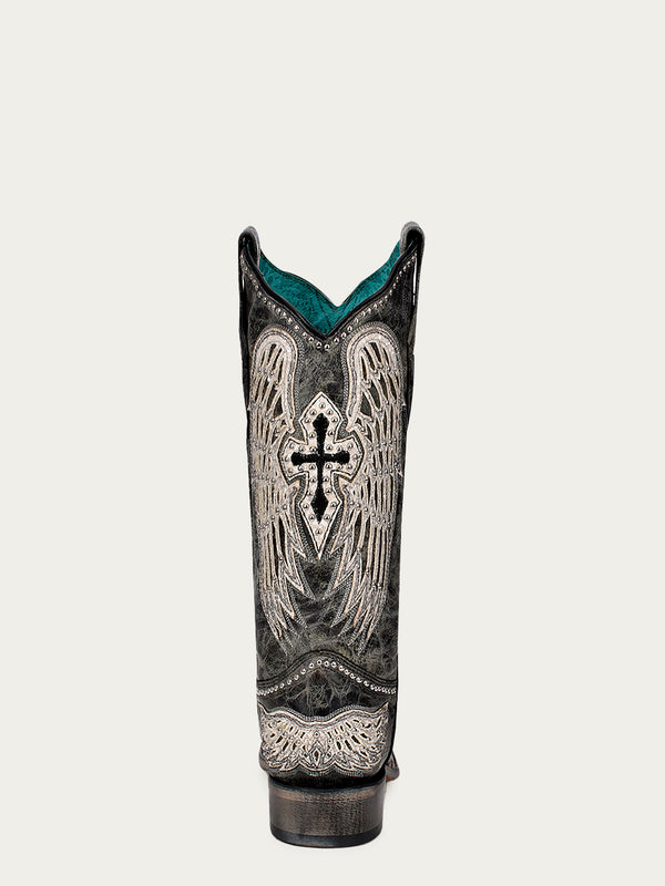 Corral Boots A4243 - WOMEN'S WHITE CROSS AND WINGS OVERLAY AND STUDS WORN FINISH BLACK SQUARE TOE COWBOY BOOT