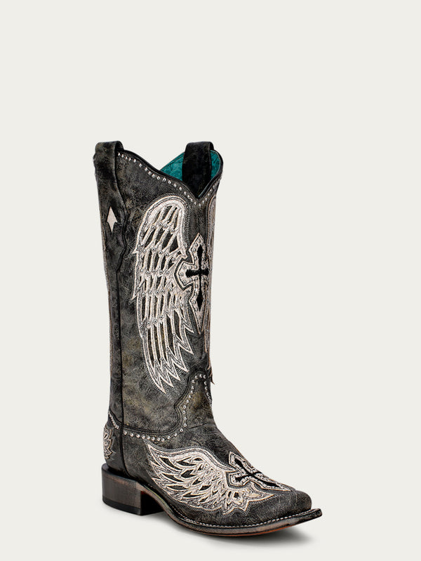 corral boots A4243 - WOMEN'S WHITE CROSS AND WINGS OVERLAY AND STUDS WORN FINISH BLACK SQUARE TOE COWBOY BOOT