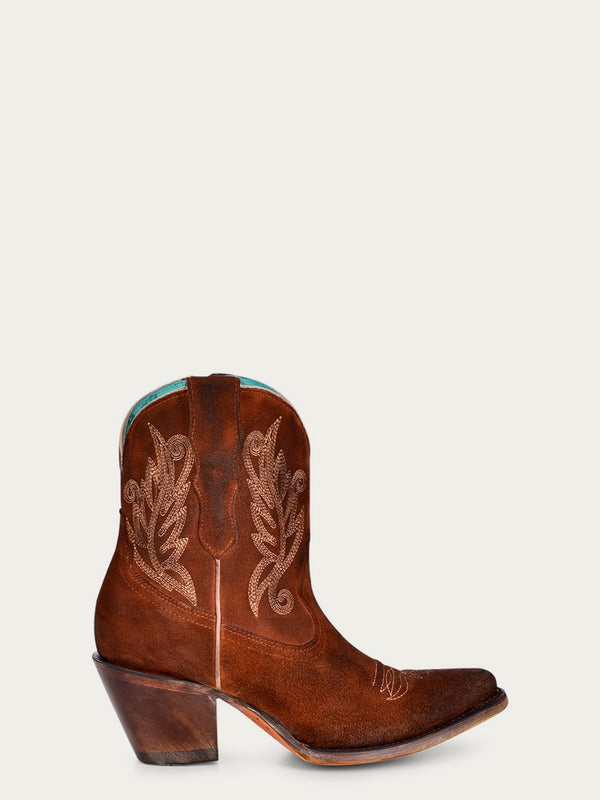Corral Boots A4257 - WOMEN'S LIGHT EMBROIDERY COGNAC J-TOE ANKLE COWBOY BOOT WITH ZIPPER