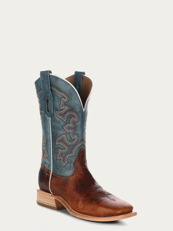 corral boots A4262 - MEN'S BLUE AND HONEY EMBROIDERY WIDE SQUARE TOE RODEO COWBOY BOOT