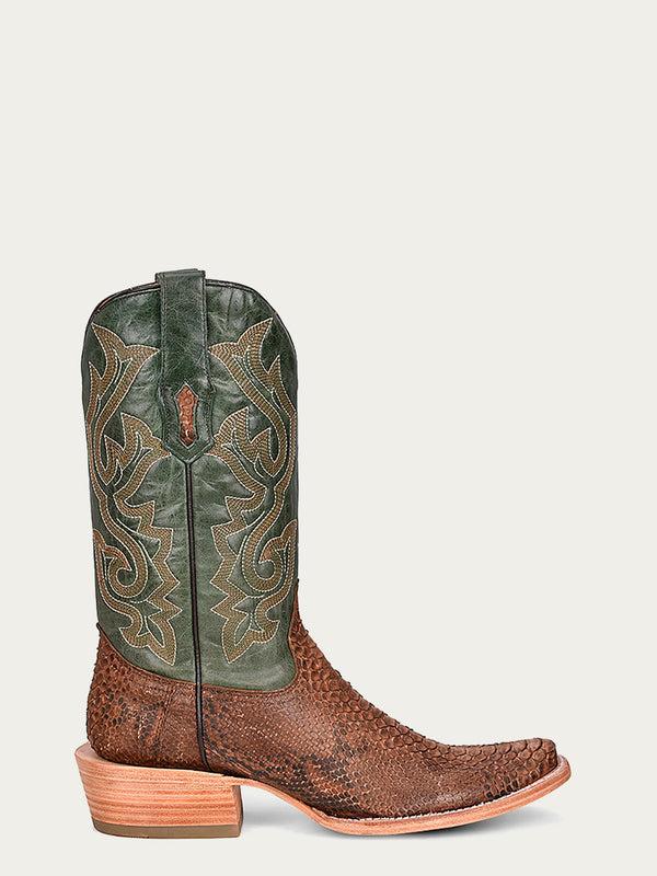 Corral Boots A4287 - MEN'S EMBROIDERY GENUINE BROWN PYTHON VAMP NARROW SQUARE TOE GREEN COWBOY BOOT