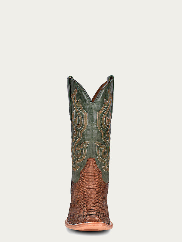 Corral Boots A4287 - MEN'S EMBROIDERY GENUINE BROWN PYTHON VAMP NARROW SQUARE TOE GREEN COWBOY BOOT