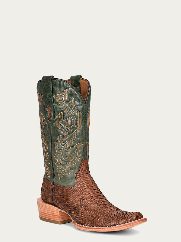 corral boots A4287 - MEN'S EMBROIDERY GENUINE BROWN PYTHON VAMP NARROW SQUARE TOE GREEN COWBOY BOOT