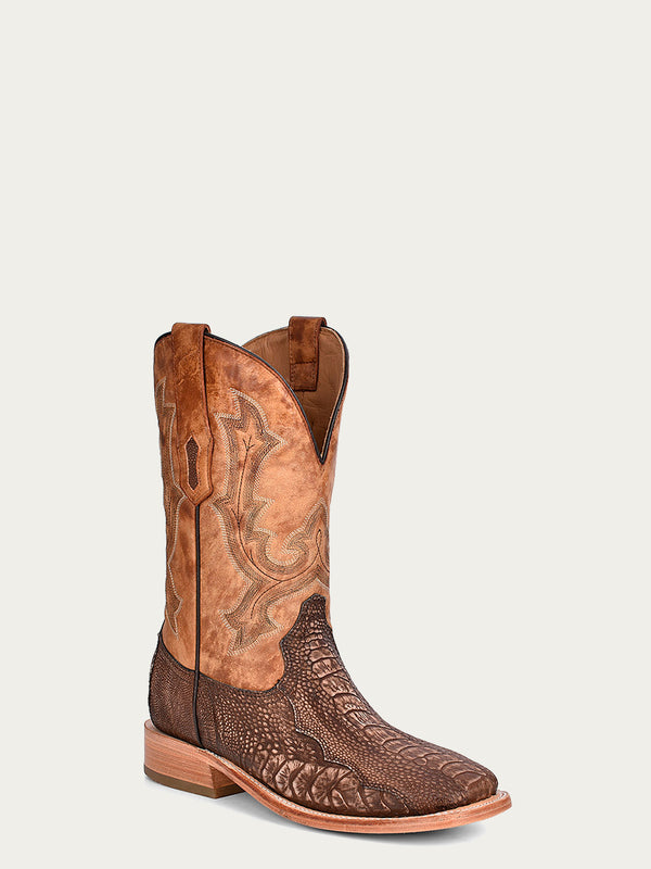 corral boots A4289 - MEN'S EMBROIDERY BROWN OSTRICH LEG VAMP WIDE SQUARE TOE SAND COWBOY BOOT