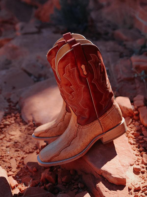 Corral Boots A4290 - MEN'S HONEY OSTRICH LEG VAMP WIDE SQUARE TOE RED COWBOY BOOT
