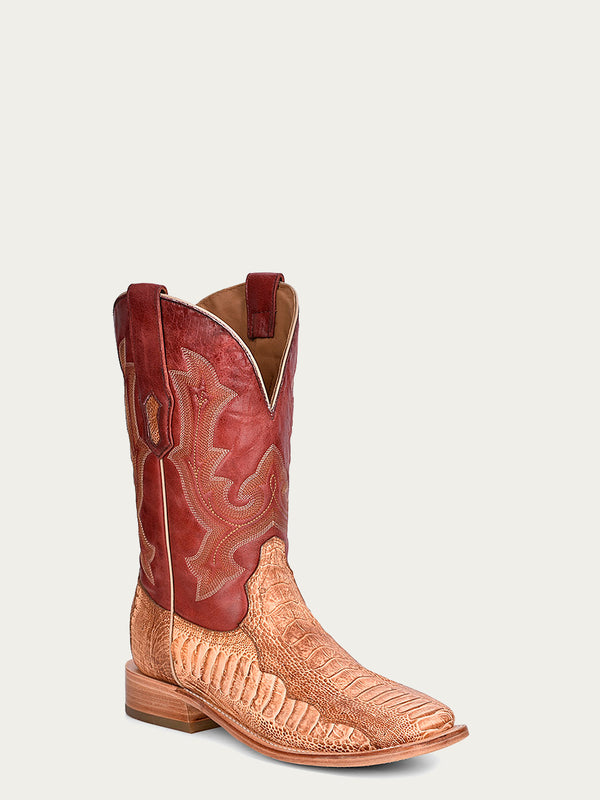 corral boots A4290 - MEN'S HONEY OSTRICH LEG VAMP WIDE SQUARE TOE RED COWBOY BOOT
