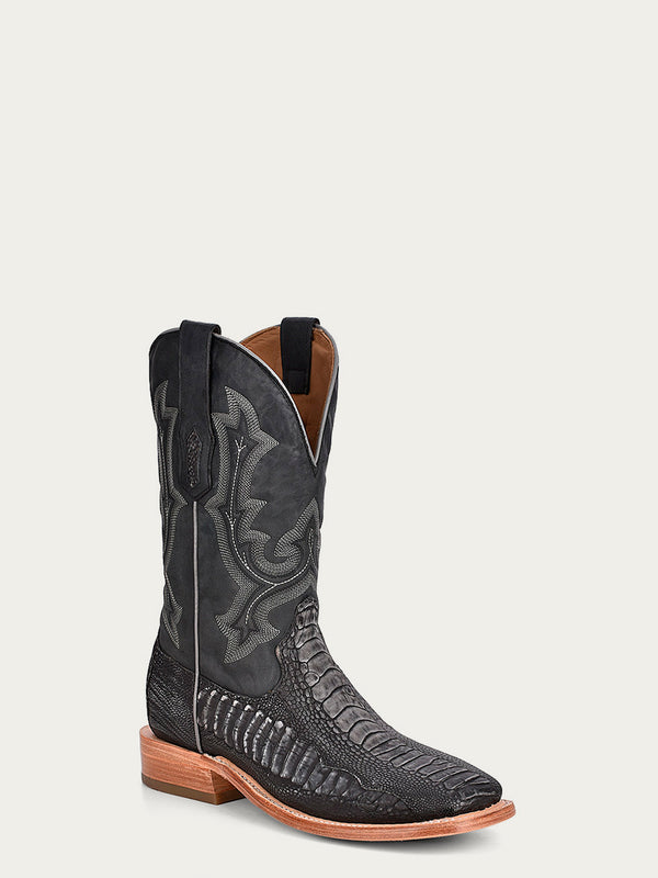 corral boots A4291 - MEN'S EMBROIDERY OSTRICH LEG VAMP AND COUNTER BLACK WIDE SQUARE TOE COWBOY BOOT