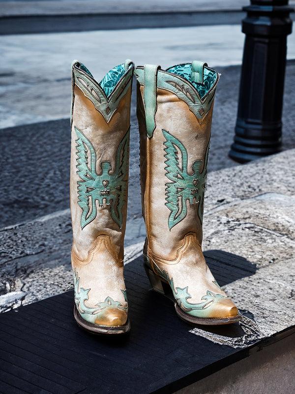 Corral Boots A4302 - WOMEN'S GOAT VINTAGE BONE AND TURQUOISE EAGLE OVERLAY SNIP-TOE COWBOY BOOT