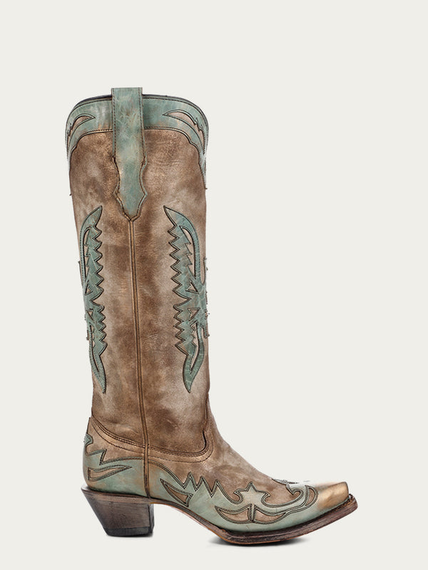 Corral Boots A4302 - WOMEN'S GOAT VINTAGE BONE AND TURQUOISE EAGLE OVERLAY SNIP-TOE COWBOY BOOT