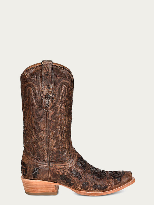 Corral Boots A4337 - MEN'S CHOCOLATE ALLIGATOR INLAY AND EMBROIDERY NARROW SQUARE TOE BROWN COWBOY BOOT