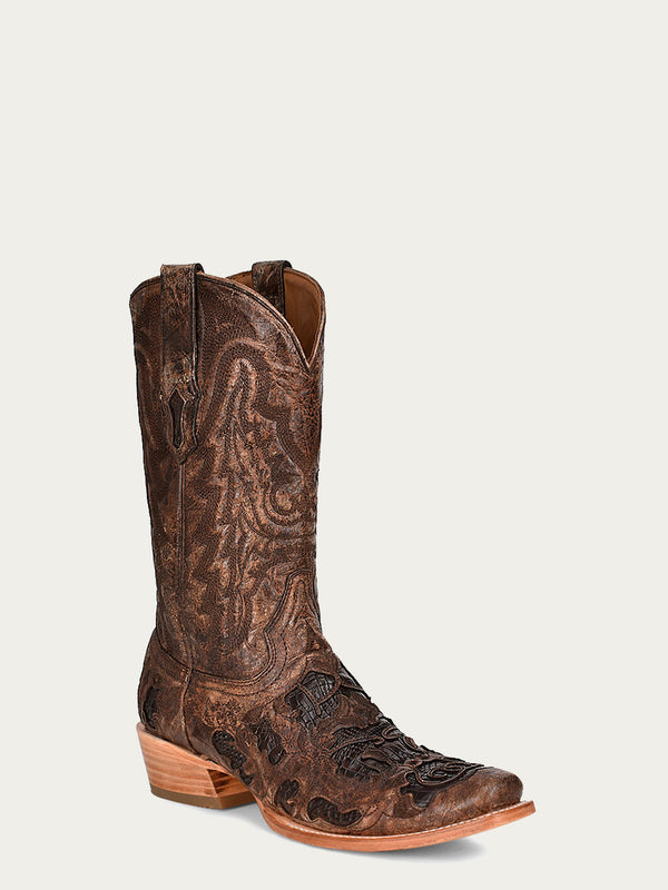 corral boots A4337 - MEN'S CHOCOLATE ALLIGATOR INLAY AND EMBROIDERY NARROW SQUARE TOE BROWN COWBOY BOOT
