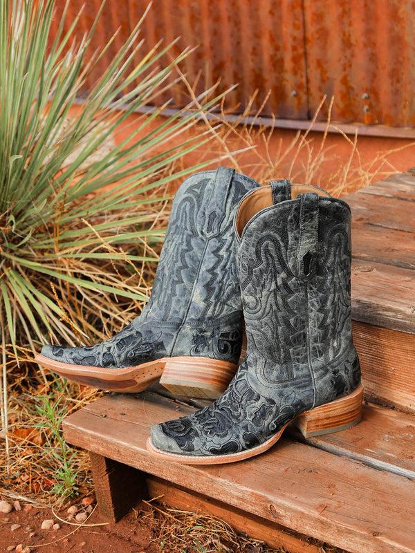 Corral Boots A4338 - MEN'S BLACK ALLIGATOR INLAY EMBROIDERY NARROW SQUARE TOE COWBOY BOOT