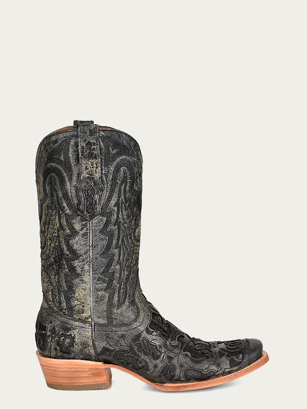 Corral Boots A4338 - MEN'S BLACK ALLIGATOR INLAY EMBROIDERY NARROW SQUARE TOE COWBOY BOOT