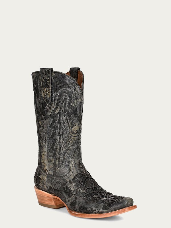 corral boots A4338 - MEN'S BLACK ALLIGATOR INLAY EMBROIDERY NARROW SQUARE TOE COWBOY BOOT