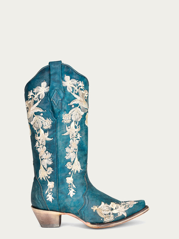 Corral Boots A4361 - WOMEN'S WHITE FLORAL EMBROIDERY WITH CRYSTALS NAVY BLUE SNIP TOE COWBOY BOOT