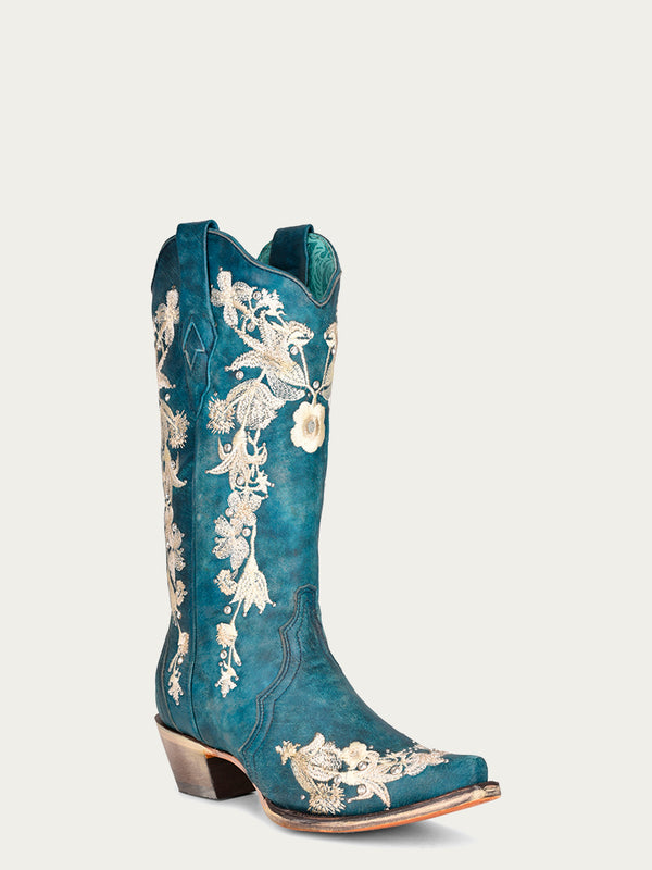 corral boots A4361 - WOMEN'S WHITE FLORAL EMBROIDERY WITH CRYSTALS NAVY BLUE SNIP TOE COWBOY BOOT