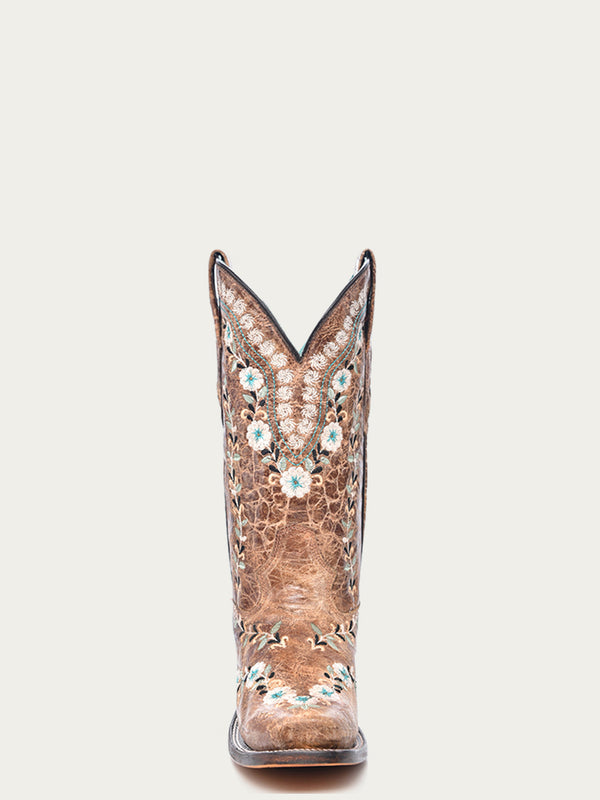 Corral Boots A4398 - WOMEN'S GLOW IN THE DARK FLORAL EMBROIDERY DISTRESS COGNAC SQUARE TOE COWBOY BOOT