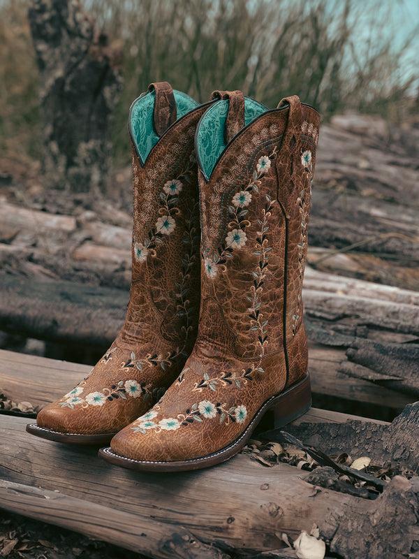 Corral Boots A4398 - WOMEN'S GLOW IN THE DARK FLORAL EMBROIDERY DISTRESS COGNAC SQUARE TOE COWBOY BOOT