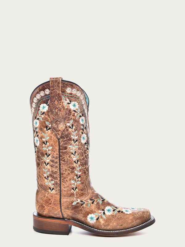 Corral Boots A4398 - WOMEN'S GLOW IN THE DARK FLORAL EMBROIDERY DISTRESS COGNAC SQUARE TOE COWBOY BOOT