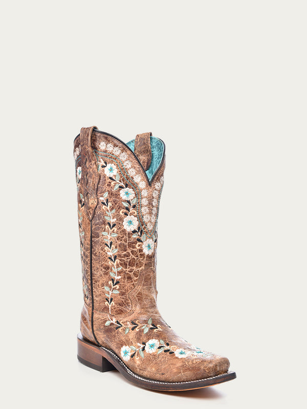 corral boots A4398 - WOMEN'S GLOW IN THE DARK FLORAL EMBROIDERY DISTRESS COGNAC SQUARE TOE COWBOY BOOT corral boots A4398 - WOMEN'S GLOW IN THE DARK FLORAL EMBROIDERY DISTRESS COGNAC SQUARE TOE COWBOY BOOT