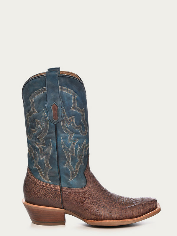 Corral Boots A4402 - MEN'S NAVY-BLUE EMBROIDERY NARROW SQUARE TOE BROWN OSTRICH COWBOY BOOT