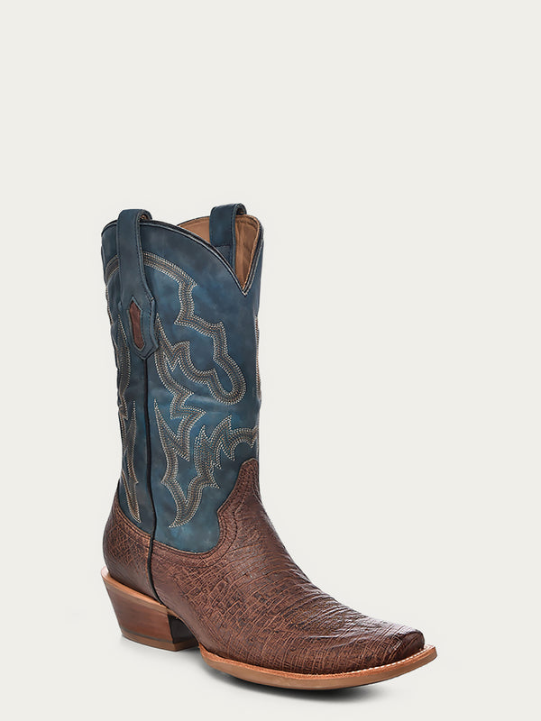 corral boots A4402 - MEN'S NAVY-BLUE EMBROIDERY NARROW SQUARE TOE BROWN OSTRICH COWBOY BOOT
