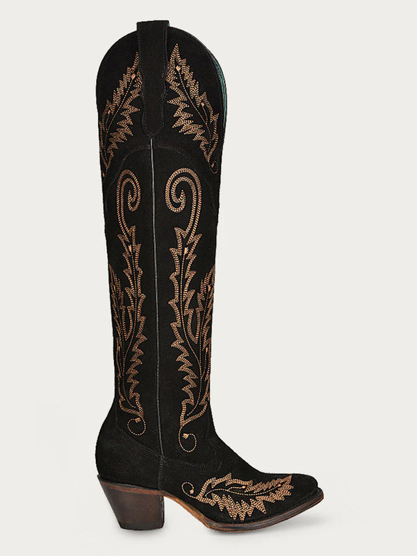 Corral Boots A4404 - WOMEN'S GOLD EMBROIDERY BLACK SUEDE TALL TOP J TOE COWBOY BOOT