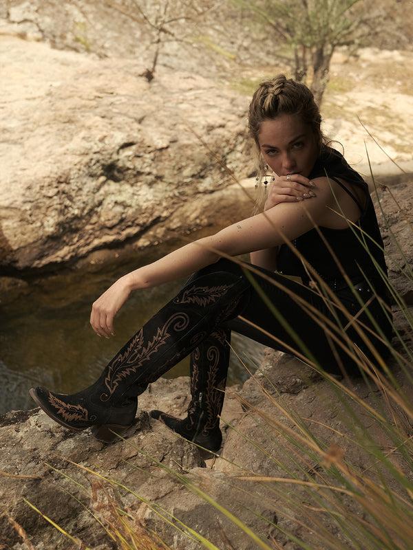 Corral Boots A4404 - WOMEN'S GOLD EMBROIDERY BLACK SUEDE TALL TOP J TOE COWBOY BOOT