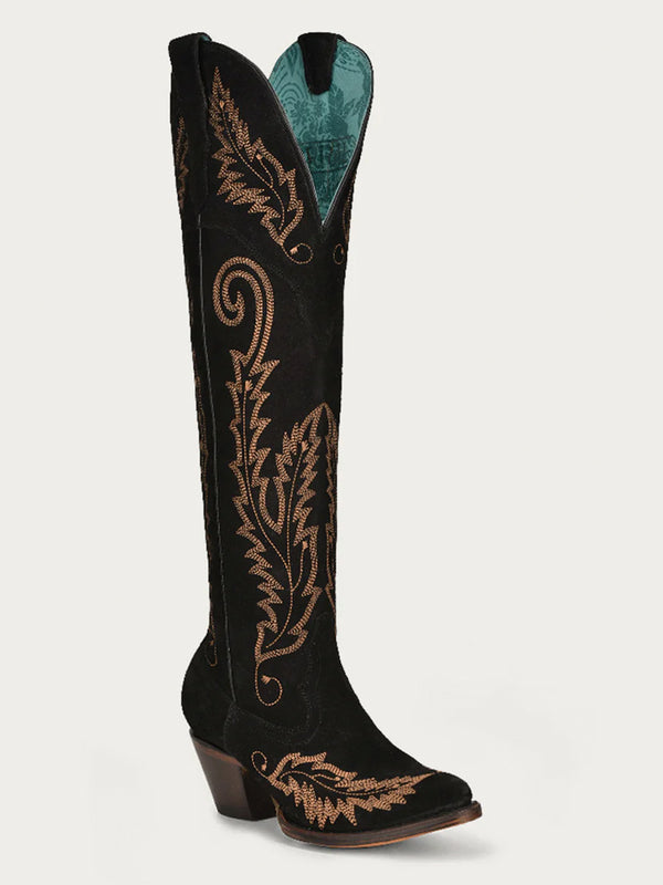 corral boots A4404 - WOMEN'S GOLD EMBROIDERY BLACK SUEDE TALL TOP J TOE COWBOY BOOT