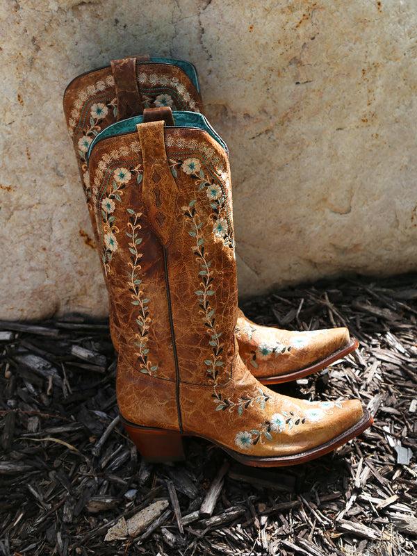 Corral Boots A4439 - WOMEN'S GLOW IN THE DARK FLORAL EMBROIDERY DISTRESS COGNAC SNIP TOE COWBOY BOOT