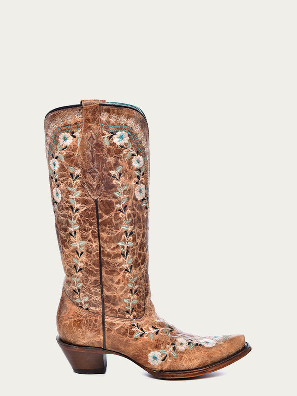 Corral Boots A4439 - WOMEN'S GLOW IN THE DARK FLORAL EMBROIDERY DISTRESS COGNAC SNIP TOE COWBOY BOOT