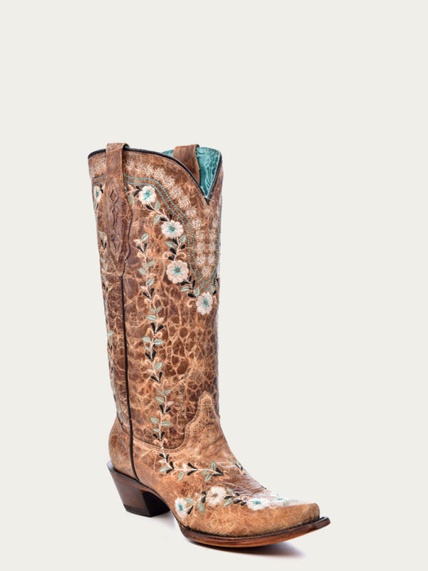 corral boots A4439 - WOMEN'S GLOW IN THE DARK FLORAL EMBROIDERY DISTRESS COGNAC SNIP TOE COWBOY BOOT