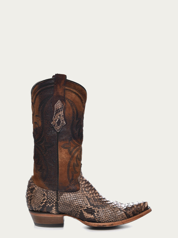Corral Boots A4452 - MEN'S EMBROIDERY LAMB SHAFT GENUINE BROWN PYTHON VAMP SNIP TOE COWBOY BOOT