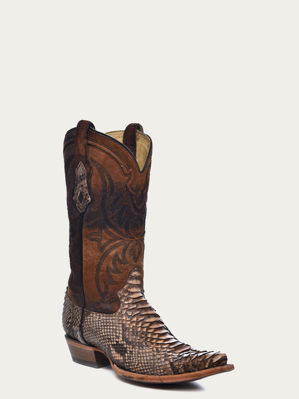 corral boots A4452 - MEN'S EMBROIDERY LAMB SHAFT GENUINE BROWN PYTHON VAMP SNIP TOE COWBOY BOOT
