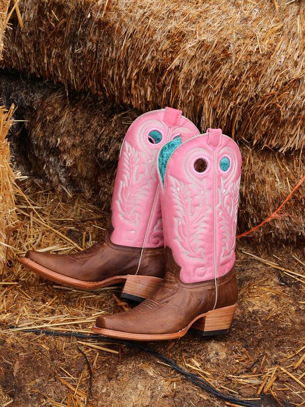 Corral Boots A4459 - WOMEN'S PINK GOAT EMBROIDERY BROWN SQUARE TOE COWBOY BOOT WITH PULL HOLES