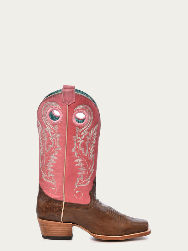 Corral Boots A4459 - WOMEN'S PINK GOAT EMBROIDERY BROWN SQUARE TOE COWBOY BOOT WITH PULL HOLES