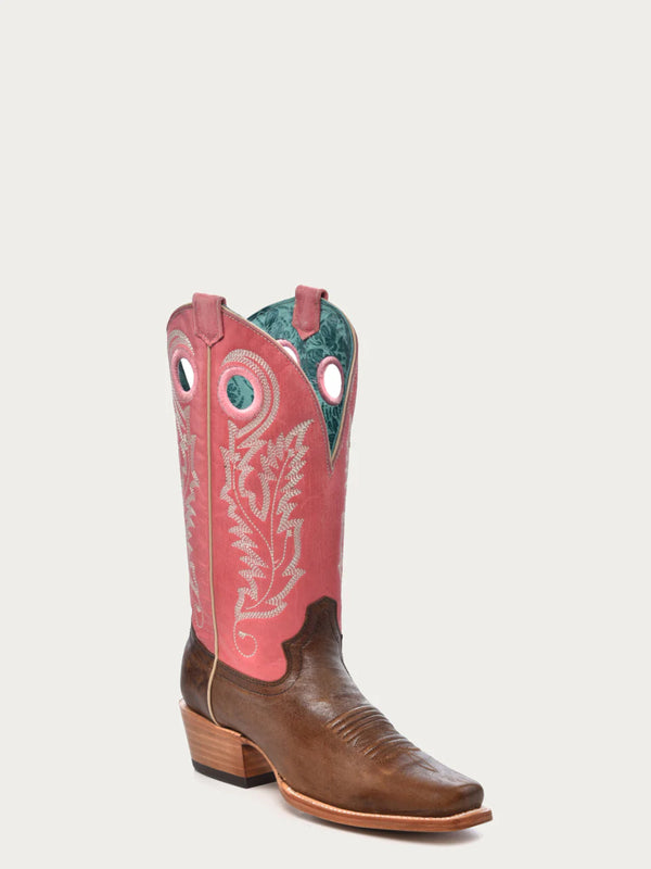 corral boots A4459 - WOMEN'S PINK GOAT EMBROIDERY BROWN SQUARE TOE COWBOY BOOT WITH PULL HOLES