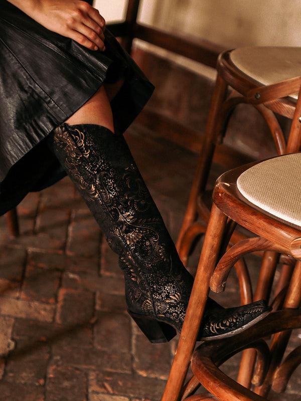 Corral Boots A4481 - WOMEN'S GOLD STAMPED FLORAL BLACK SUEDE SNIP TOE COWBOY BOOT