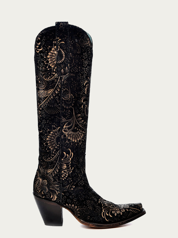 Corral Boots A4481 - WOMEN'S GOLD STAMPED FLORAL BLACK SUEDE SNIP TOE COWBOY BOOT