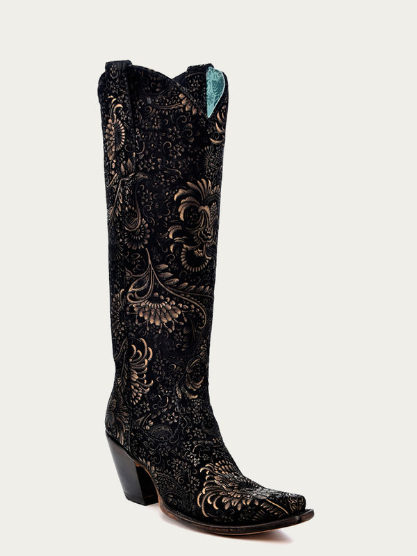 corral boots A4481 - WOMEN'S GOLD STAMPED FLORAL BLACK SUEDE SNIP TOE COWBOY BOOT