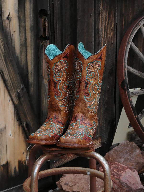 Corral Boots A4483 - WOMEN'S EMBROIDERY AND STUDS SAND WIDE SQUARE TOE COWBOY BOOT