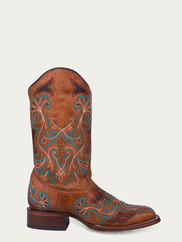 Corral Boots A4483 - WOMEN'S EMBROIDERY AND STUDS SAND WIDE SQUARE TOE COWBOY BOOT