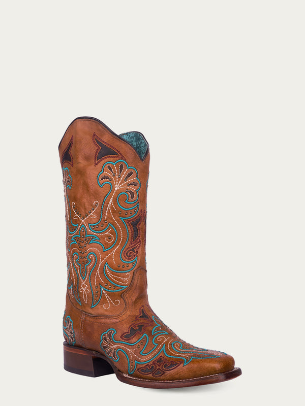 corral boots A4483 - WOMEN'S EMBROIDERY AND STUDS SAND WIDE SQUARE TOE COWBOY BOOT
