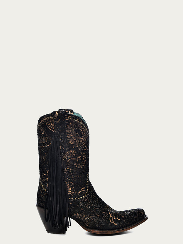 Corral Boots A4492 - WOMEN'S GOLD STAMPED FLORAL WITH FRINGE BLACK SUEDE NARROW SQUARE TOE ANKLE BOOT