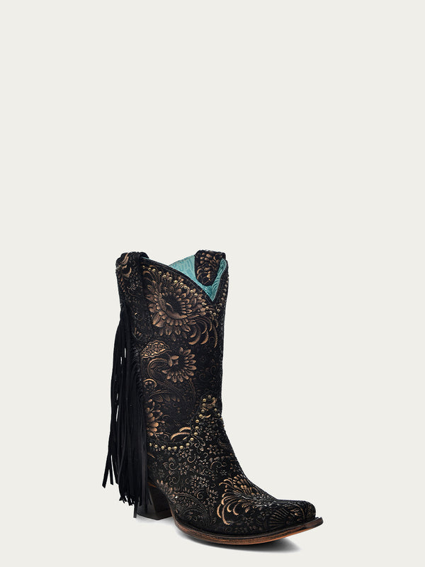 corral boots A4492 - WOMEN'S GOLD STAMPED FLORAL WITH FRINGE BLACK SUEDE NARROW SQUARE TOE ANKLE BOOT