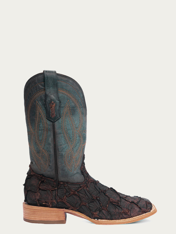 Corral Boots A4498 - MEN'S EMBROIDERY DARK BROWN PIRARUCU NAVY BLUE WIDE SQUARE TOE COWBOY BOOT