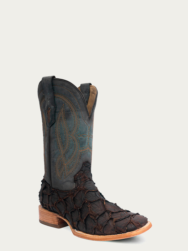 corral boots A4498 - MEN'S EMBROIDERY DARK BROWN PIRARUCU NAVY BLUE WIDE SQUARE TOE COWBOY BOOT