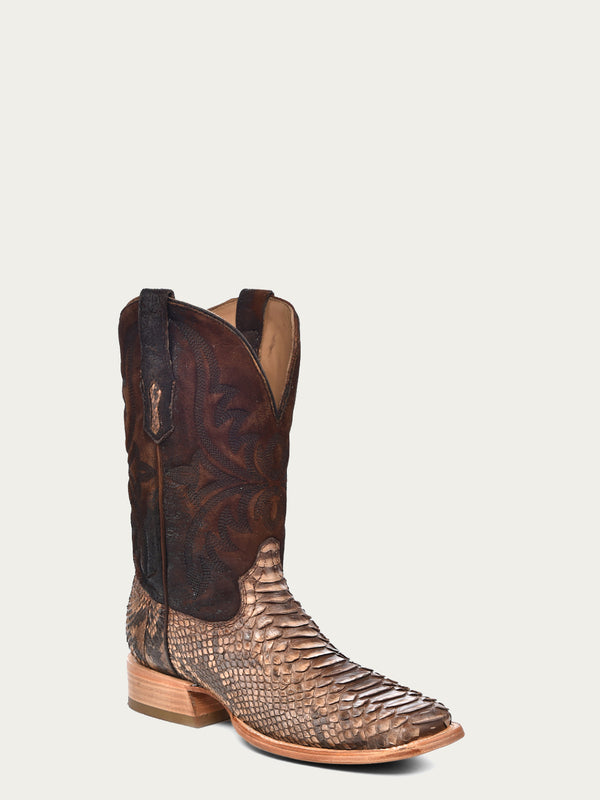corral boots A4499 - MEN'S EMBROIDERY LAMB SHAFT GENUINE BROWN PYTHON VAMP WIDE SQUARE TOE COWBOY BOOT