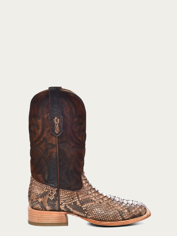 Corral Boots A4499 - MEN'S EMBROIDERY LAMB SHAFT GENUINE BROWN PYTHON VAMP WIDE SQUARE TOE COWBOY BOOT